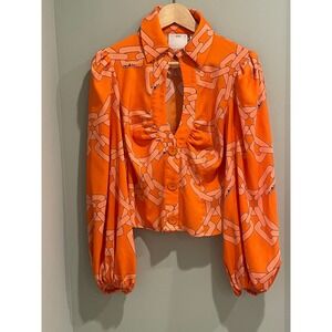 C/Meo Collective Orange Chain Print Keyhole Blouse Puff Sleeve Button Up M‎